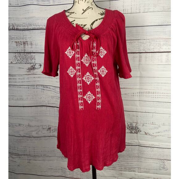 Catherines Tops - Catherines Top Womens 0X Red Embroidery Crepe Tassel Tie Smocked Neck Cotton